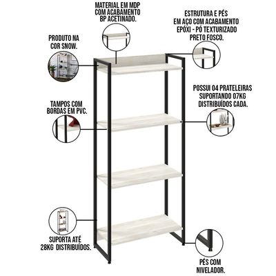 Kit Escritório Estante Areta 4 Prateleiras com Mesa Industrial Aspen 120cm C01 Snow - Lyam Decor