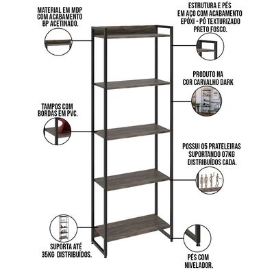 Kit Escritório Estante Areta 5 Prateleiras Mesa Industrial Aspen 90cm C01 Carvalho Dark - Lyam Decor