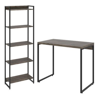 Kit Escritório Estante Areta 5 Prateleiras Mesa Industrial Aspen 90cm C01 Carvalho Dark - Lyam Decor