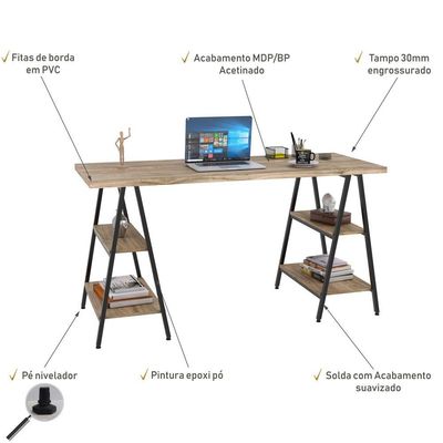 Kit Mesa Cavalete 150 cm com Estante 5 Prateleiras Estilo Industrial Form C01 Carvalho - Lyam Decor