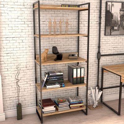 Kit Mesa Cavalete 150 cm com Estante 5 Prateleiras Estilo Industrial Form C01 Carvalho - Lyam Decor