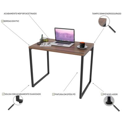 Kit Mesa Para Escritório com Estante Office Estilo Industrial Form C01 90 cm Nogal - Lyam Decor