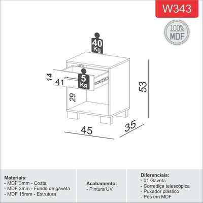 Mesa de Cabeceira com 01 Gaveta Essence D03 Freijó Off White Brilho - Lyam Decor