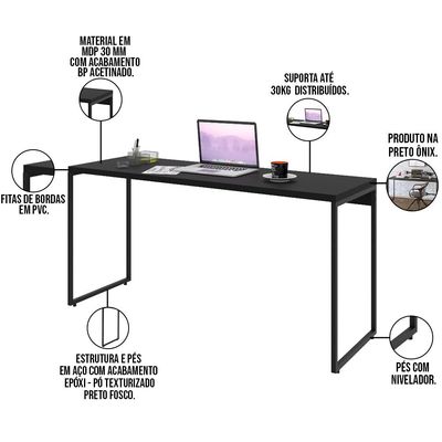 Mesa Para Escritório e Home Office Industrial Aspen 150 cm C01 Onix - Lyam Decor