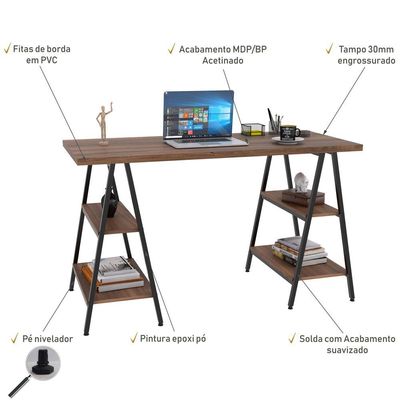 Mesa Para Escritório Estilo Industrial Cavalete Form C01 135cm Nogal - Lyam Decor