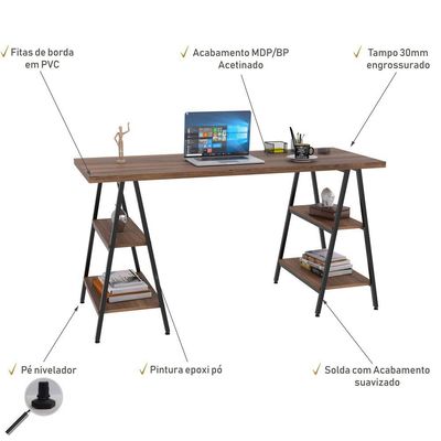 Mesa Para Escritório Estilo Industrial Cavalete Form C01 150cm Nogal - Lyam Decor