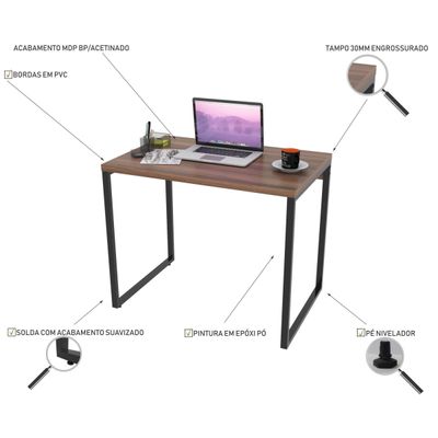 Mesa Para Escritório Home Office Estilo Industrial Form C01 90 cm Nogal - Lyam Decor