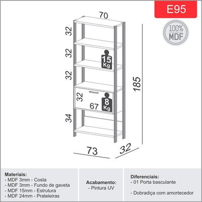 Estante 5 Prateleiras 01 Porta Escritório Trend D03 185x73 cm Freijó Preto Fosco - Lyam Decor