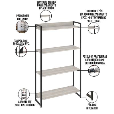 Kit 2 Estantes Multiuso Escritório Industrial 4 Prateleiras Areta 145x80cm C01 Snow - Lyam Decor