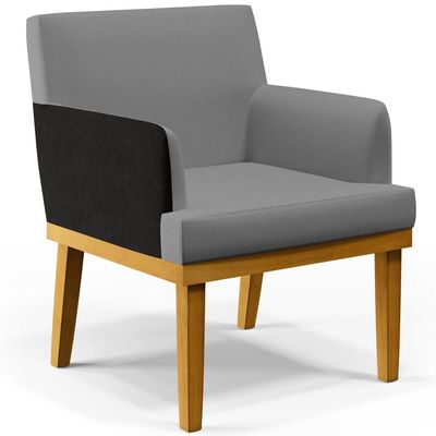 Kit 3 Poltronas Decorativa Sala de Estar Beatriz W01 Linho Cinza Escuro Couríssimo Preto Lyam Decor