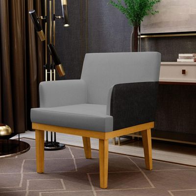 Kit 3 Poltronas Decorativa Sala de Estar Beatriz W01 Linho Cinza Escuro Couríssimo Preto Lyam Decor