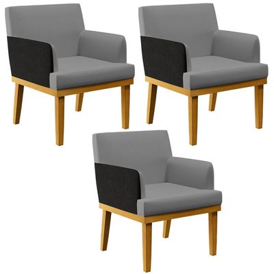 Kit 3 Poltronas Decorativa Sala de Estar Beatriz W01 Linho Cinza Escuro Couríssimo Preto Lyam Decor