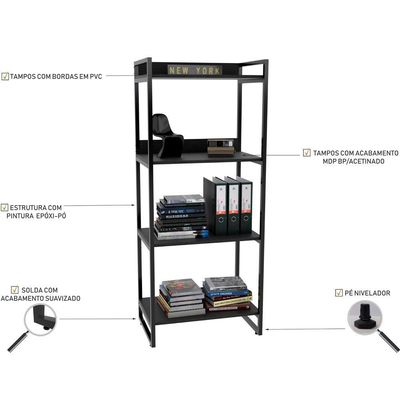 Kit Mesa Cavalete 135 cm com Estante 4 Prateleiras Estilo Industrial Form C01 Preto Onix - Lyam Decor