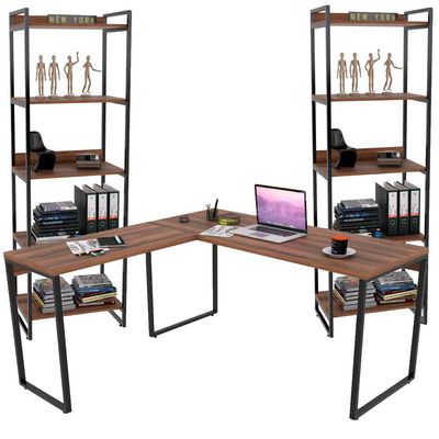 Kit Mesa Para Escritório Industrial em L com 2 Estantes com 5 Prateleiras Form C01 Nogal - Lyam Decor