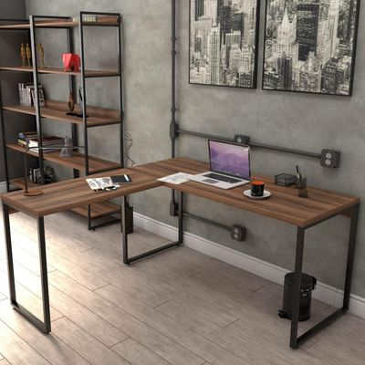 Kit Mesa Para Escritório Industrial em L com 2 Estantes com 5 Prateleiras Form C01 Nogal - Lyam Decor