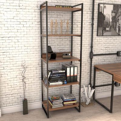Kit Mesa Para Escritório Industrial em L com 2 Estantes com 5 Prateleiras Form C01 Nogal - Lyam Decor