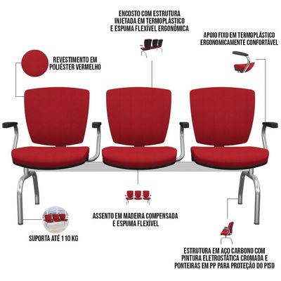 Cadeira Longarina 3 Lugares Aeroporto Recepção Cromado Baixa Flexi P03 Poliéster Vermelho - Lyam