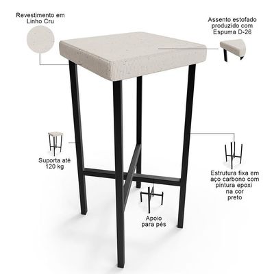 Kit 04 Banquetas Alta Bar Cozinha Sala De Jantar Preto Stella L02 Linho Cru - Lyam Decor