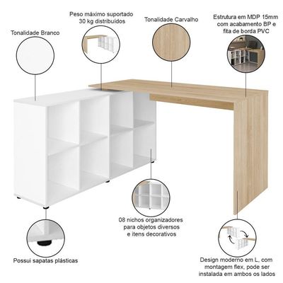 Mesa Para Escritório Escrivaninha Home Office Nero A02 Carvalho Branco - Lyam Decor