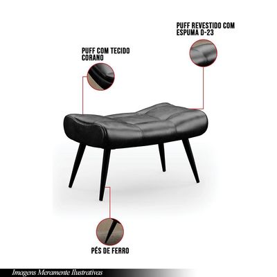 Puff Decorativo Sala de Estar Pés Palito Letty PU Preto G19 - Gran Belo
