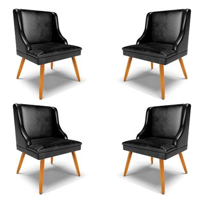 Kit 4 Cadeiras Decorativas Sala de Jantar Pés Palito de Madeira Firenze PU Preto Brilho/Natural G19 - Gran Belo