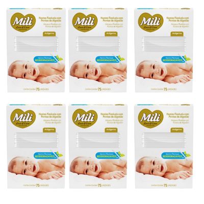 Cotonete Hastes Flexiveis 6 caixas c/ 75 Biodegradável  MILI