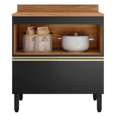 Balcão De Cozinha Proença 80cm 1 Porta E 1 Gaveta Nogueira Touch-carbono Com Tampo Mdf - Demartêz