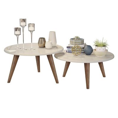 Conjunto Mesa De Centro E Mesa De Apoio Grazi - Pés De Madeira Off White - J3 Móveis