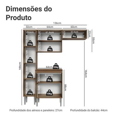 Armário De Cozinha Compacta 156 Cm Emilly Madesa 03 Rustic/cinza