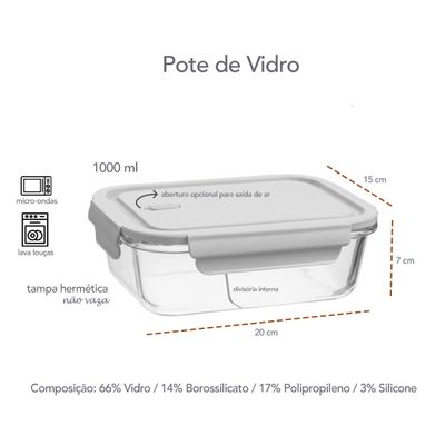 Pote de Vidro Borosilicato Divisoria Tampa Hermetica Nude 1L