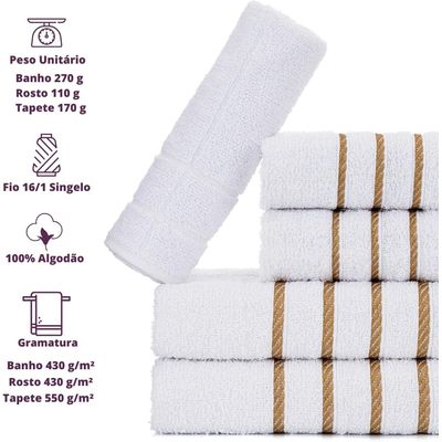 Jogo 5pçs 2 Banho + 2 Rosto + 1 Tapete P/Banheiro 100% Algodão Alta Absorção - Branco