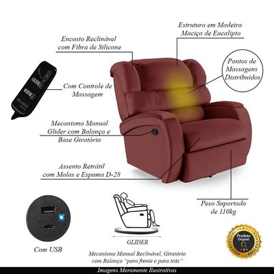 Poltrona do Papai Sala de Cinema Reclinável Kylie Glider Manual Giratória Massagem USB PU Vermelho G23