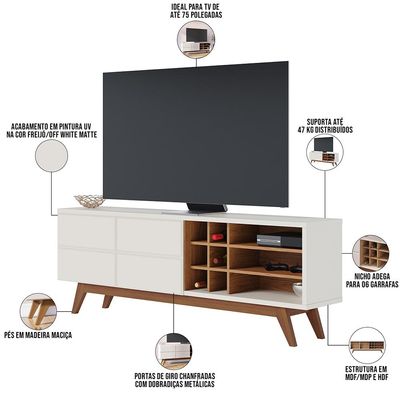 Rack para Sala De Estar TV 70 Pol 180cm Makai C04 Off White Matte Freijó - Lyam Decor