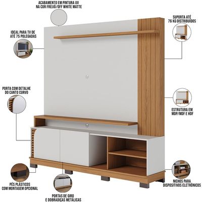 Estante Painel Para TV 75 Pol 182cm Mayer C04 Off White Matte Freijó - Lyam Decor