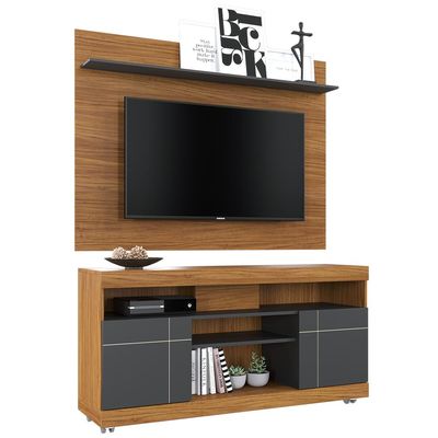 Rack Para Sala com Painel Para TV 55 Pol Raya C04 Noce Milano Preto Fosco - Lyam Decor