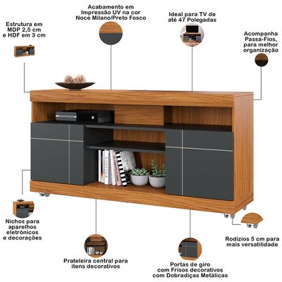 Rack Para Sala com Painel Para TV 55 Pol Raya C04 Noce Milano Preto Fosco - Lyam Decor
