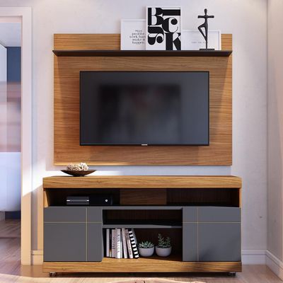Rack Para Sala com Painel Para TV 55 Pol Raya C04 Noce Milano Preto Fosco - Lyam Decor