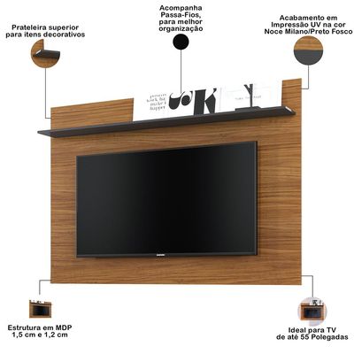Rack Para Sala com Painel Para TV 55 Pol Raya C04 Noce Milano Preto Fosco - Lyam Decor