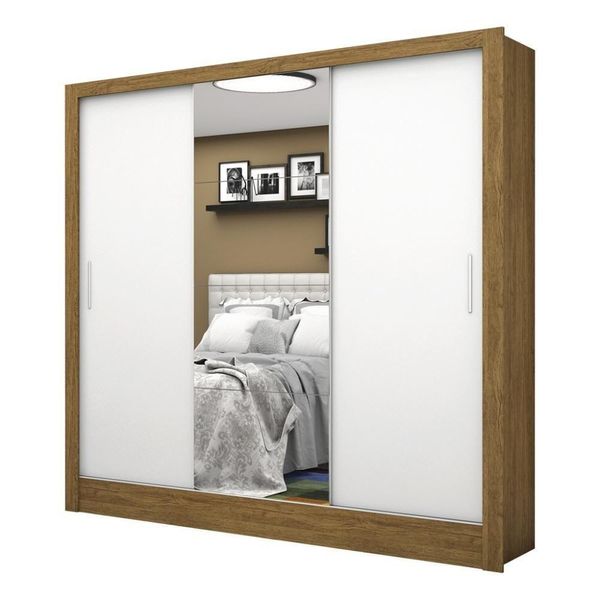 Guarda Roupa Roupeiro Santiago Plus 3 Portas De Correr Com Espelho Central 3 Gavetas Carioca Cinamomo Branco