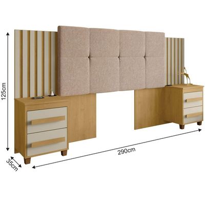 Cabeceira Casal Extensível Com 2 Mesas De Apoio Ripado E Estofado Cinamomo Com Off White Suíça - Rv Móveis