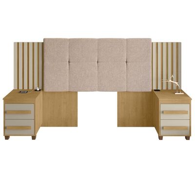 Cabeceira Casal Extensível Com 2 Mesas De Apoio Ripado E Estofado Cinamomo Com Off White Suíça - Rv Móveis