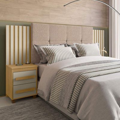 Cabeceira Casal Extensível Com 2 Mesas De Apoio Ripado E Estofado Cinamomo Com Off White Suíça - Rv Móveis