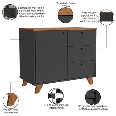 Balcão Para Escritório Home Office Multiuso Lugano A02 Freijó Preto - Lyam Decor