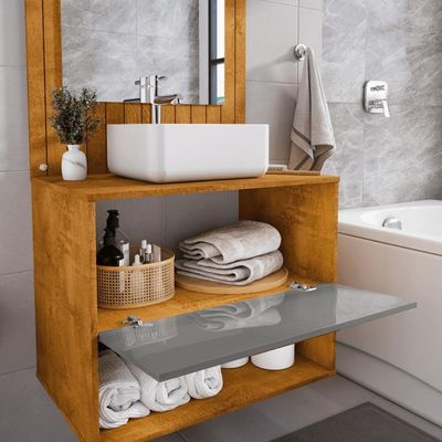 Conjunto Gabinete Com Espelheira Para Banheiro Zenit Naturalle-titanium