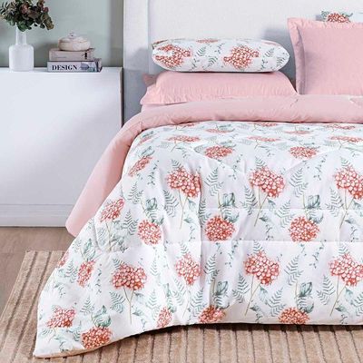 Edredom Cobertor Casa Scarpa Maris Super King Percalle 200 Fios Estampado Floral Hortênsia Salmão