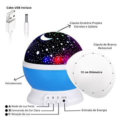 Luminaria Abajur Globo Luz Quarto Criança Projeçao Giratorio Estrelas Festa AZUL