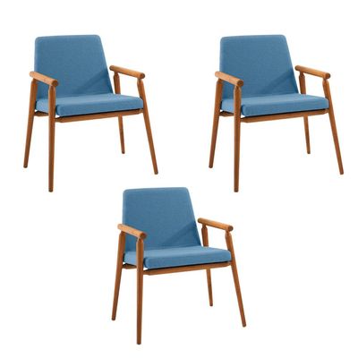 Kit 3 Cadeiras Decorativa Sala de Jantar Sidnei Linho Azul - Gran Belo