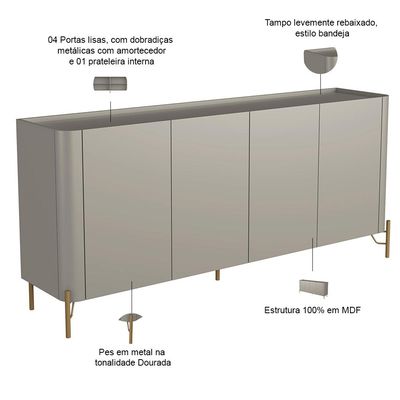 Aparador Buffet Para Sala de Jantar 4 Portas Pés Industrial Dourado Naim I03 Grigio - Lyam Decor