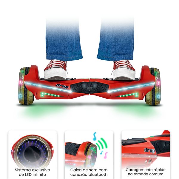 Hoverboard Skate Elétrico Infantil Adulto DROP RAVEBOARD 500w 6.5 polegadas Bluetooth e LED RGB Infinito Vermelho