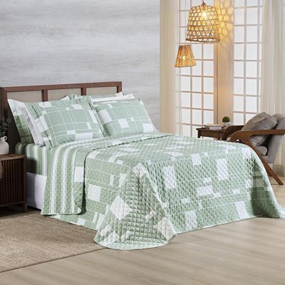 Kit Cobre Leito Colcha Belle Casal Padrão Estampado Dupla Face 400 Fios 3 Peças Quadriculado Verde